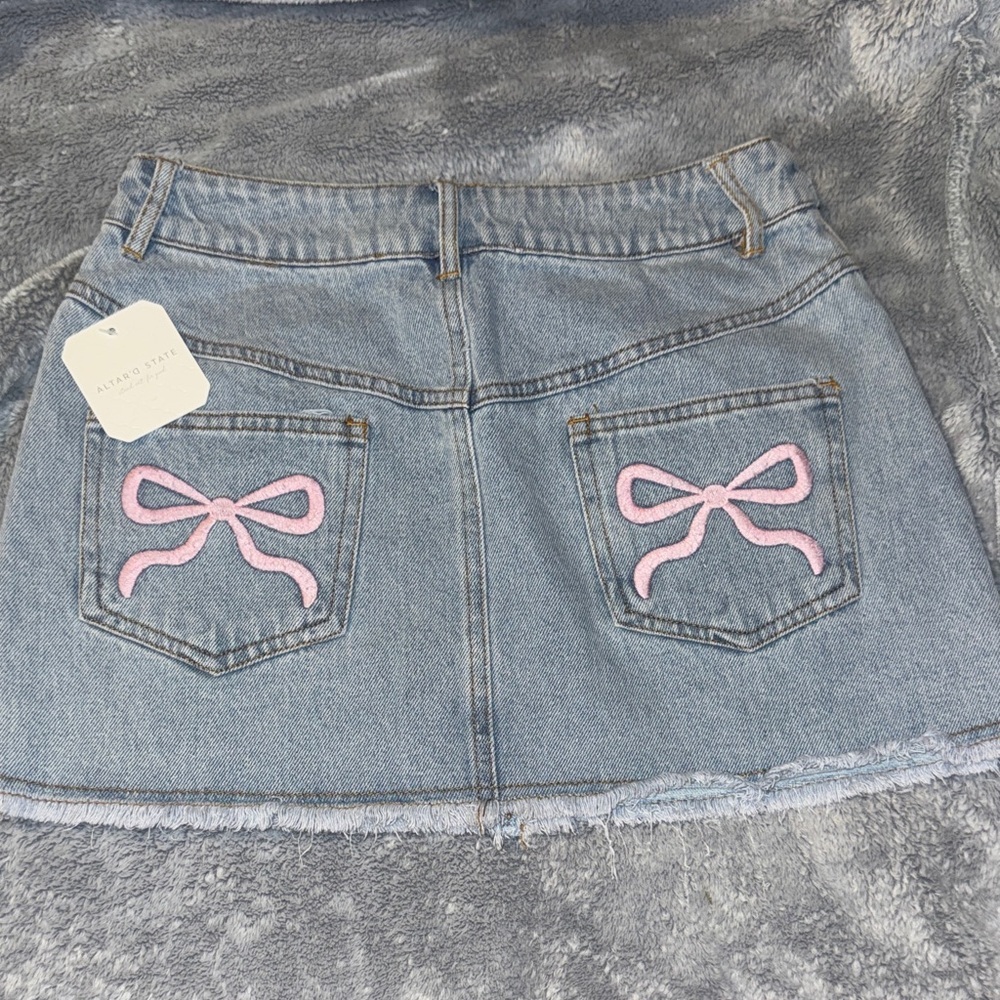 Altar'd State Blue Denim Skirt with Pink Bow Accents